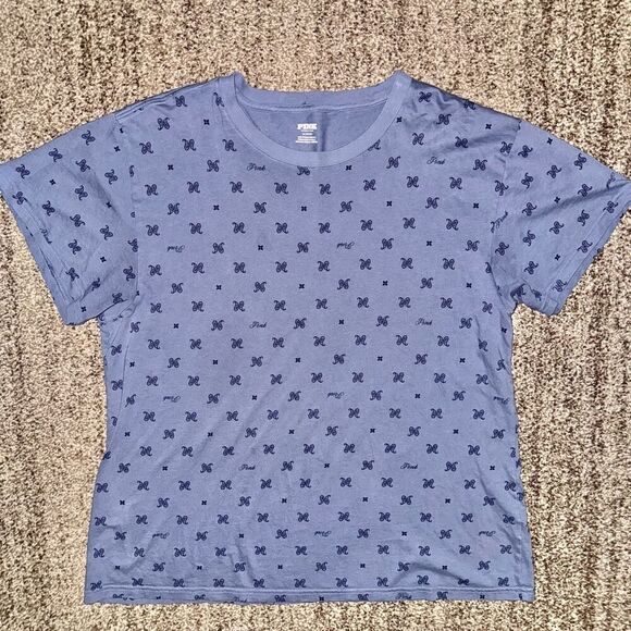 PINK Victoria Secret's Women's Blue Logo Allover Tee T-Shirt Size Medium - Picture 1 of 7